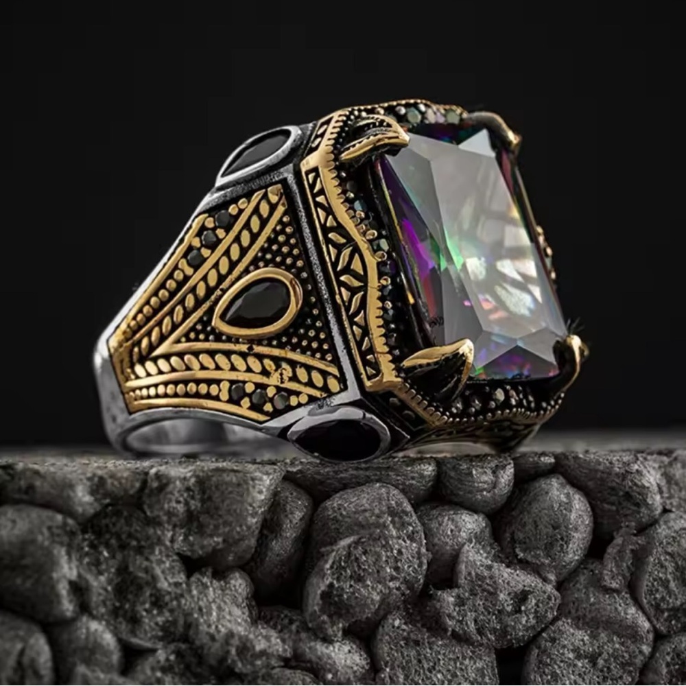 New! Men Vintage Signet Multicolor Gemstone Statement Ring
